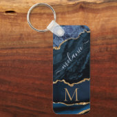 Navy Blue Gold Marble Monogram Naam Sleutelhanger (Voorkant)