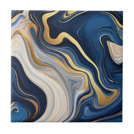 Navy Blue Gold Marble Swirls Tegeltje (Voorkant)