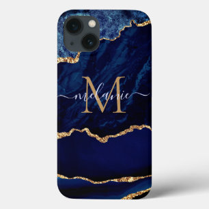 Navy Blue Gold Marble Uw Letter Naam iPhone Case