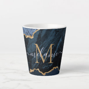 Navy Blue Gold Marble Uw letternaam Latte Mok