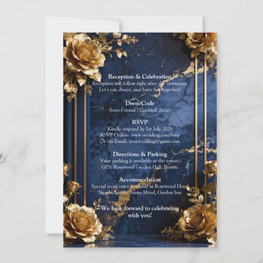 Navy Blue Gold Marble Wedding Invitation (Dos)