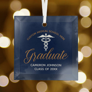 Navy Blue Gold Medische School Afstuderen Gift Glas Ornament
