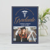 Navy Blue Gold Medische School Foto Afstuderen Aankondiging (Staand voorkant)