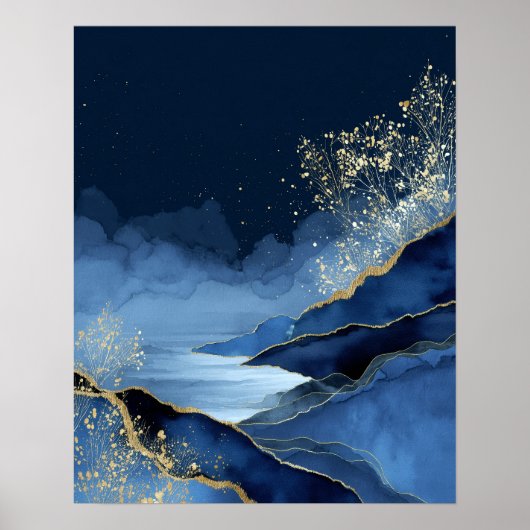 Navy Blue Gold Modern Abstract Landscape Wall Art Poster (Voorkant)