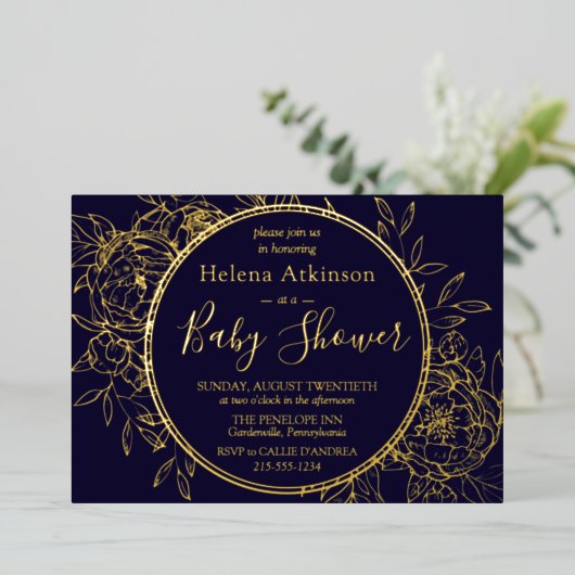 Navy Blue & Gold Modern Peony Toile Baby shower Folie Uitnodiging (Staand Voorkant)