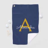 Navy Blue Gold Modern Script Girly Monogram Naam Golfhanddoek (Insitu)
