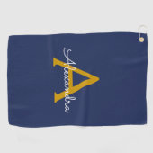Navy Blue Gold Modern Script Girly Monogram Naam Golfhanddoek (Horizontaal)