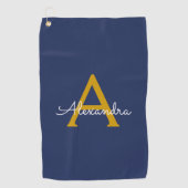 Navy Blue Gold Modern Script Girly Monogram Naam Golfhanddoek (Voorkant)