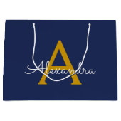 Navy Blue Gold Modern Script Girly Monogram Naam Groot Cadeauzakje (Voorkant)