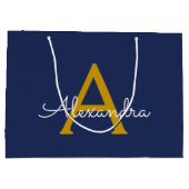 Navy Blue Gold Modern Script Girly Monogram Naam Groot Cadeauzakje (Achterkant)