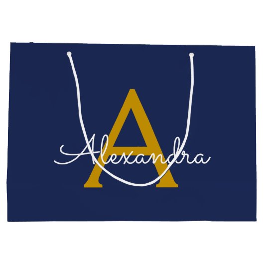 Navy Blue Gold Modern Script Girly Monogram Naam Groot Cadeauzakje (Achterkant)