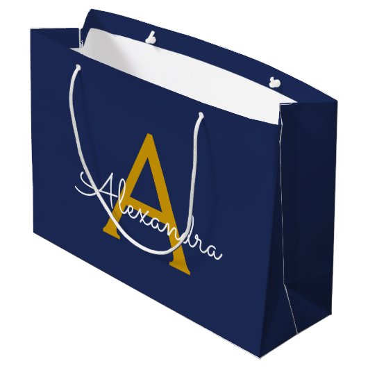 Navy Blue Gold Modern Script Girly Monogram Naam Groot Cadeauzakje (Achterkant Gekanteld)