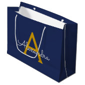 Navy Blue Gold Modern Script Girly Monogram Naam Groot Cadeauzakje (Voorkant Gekanteld)