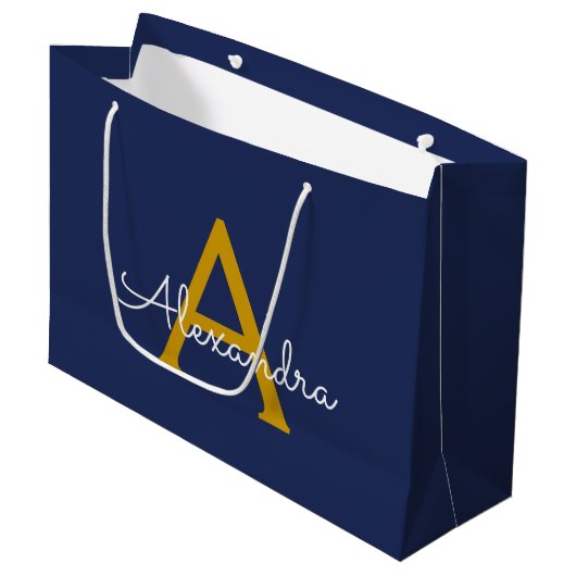 Navy Blue Gold Modern Script Girly Monogram Naam Groot Cadeauzakje (Voorkant Gekanteld)