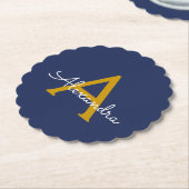 Navy Blue Gold Modern Script Girly Monogram Naam Kartonnen Onderzetters (Gekanteld)