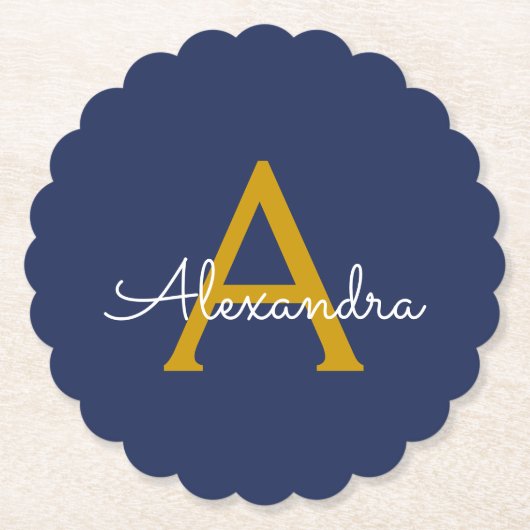 Navy Blue Gold Modern Script Girly Monogram Naam Kartonnen Onderzetters (Voorkant)