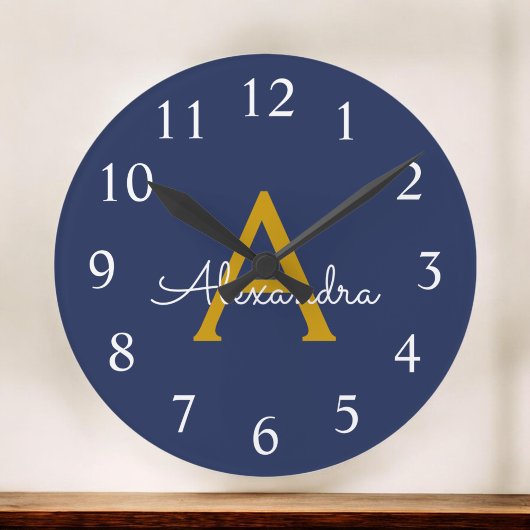 Navy Blue Gold Modern Script Girly Monogram Naam Ronde Klok