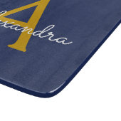 Navy Blue Gold Modern Script Girly Monogram Naam Snijplank (Hoek)
