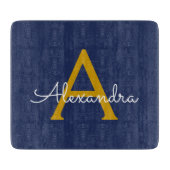 Navy Blue Gold Modern Script Girly Monogram Naam Snijplank (Voorkant)