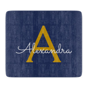 Navy Blue Gold Modern Script Girly Monogram Naam Snijplank