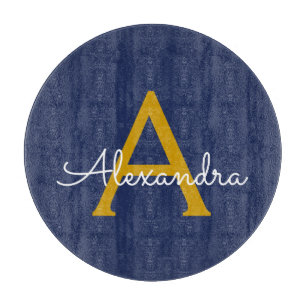 Navy Blue Gold Modern Script Girly Monogram Naam Snijplank