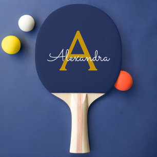 Navy Blue Gold Modern Script Girly Monogram Naam Tafeltennisbatje
