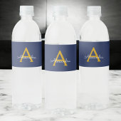 Navy Blue Gold Modern Script Girly Monogram Naam Waterfles Etiket