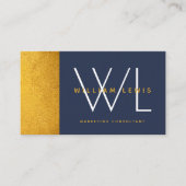 Navy Blue Gold Monogram Modern Minimalist QR Code Visitekaartje (Voorkant)