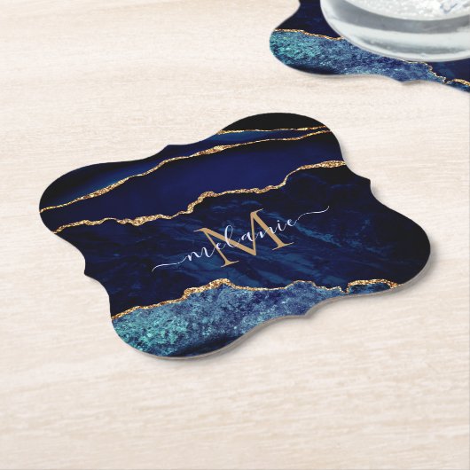 Navy Blue Gold Monogram Naam Papier Onderzetter (Gekanteld)