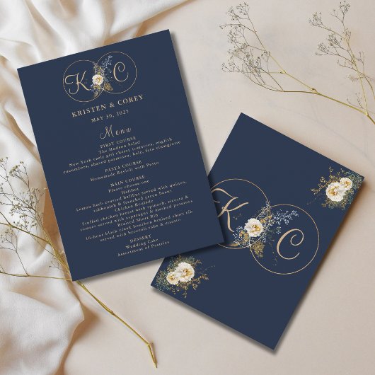 Navy Blue Gold Monogram Name Initiaal Wedding Menu