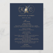 Navy Blue Gold Monogram Name Initiaal Wedding Menu (Voorkant)