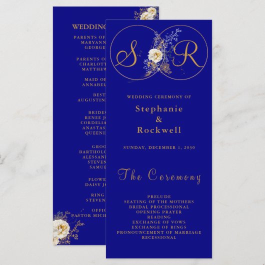Navy Blue Gold Monogram Weddenprogramma (Voorkant / Achterkant)