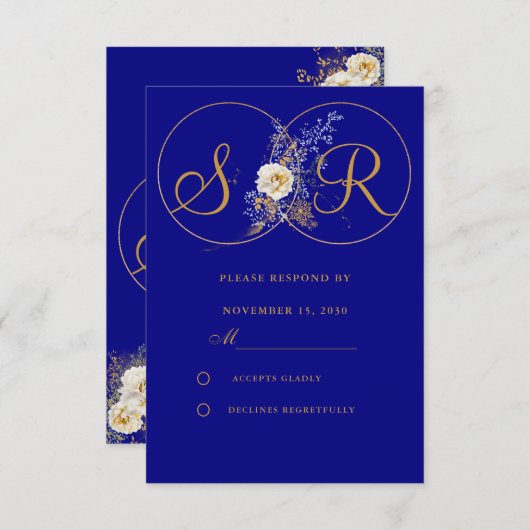 Navy Blue Gold Monogram Wedding RSVP Kaart (Voorkant / Achterkant)