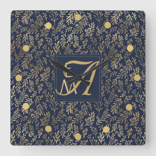 Navy Blue Gold Newly Weds Wedding Monogram Decor Vierkante Klok