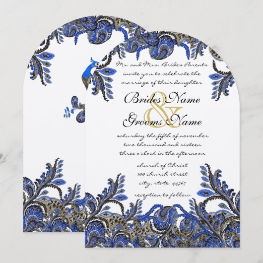 Navy Blue & Gold Peacock Paisley Wedding Invite Kaart (Voorkant / Achterkant)