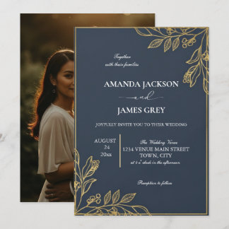 Navy Blue Gold Photo Back Botanical Wedding Invite Kaart