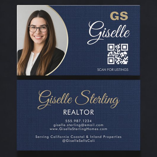 Navy Blue Gold Photo Realtor QR Code Linen Visitekaartje