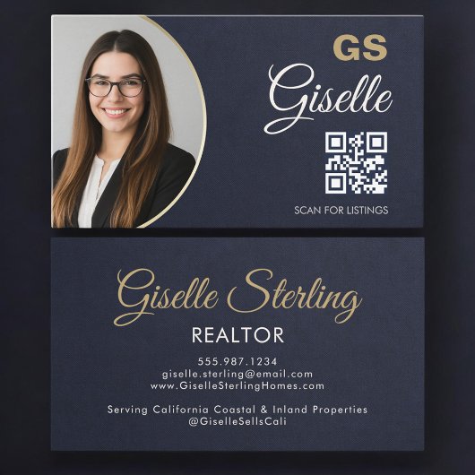 Navy Blue Gold Photo Realtor QR Code Slate Stone Visitekaartje