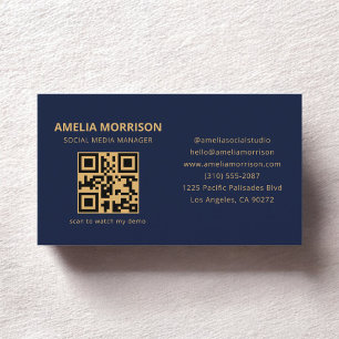 Navy Blue Gold QR Code Minimalist Professional Visitekaartje
