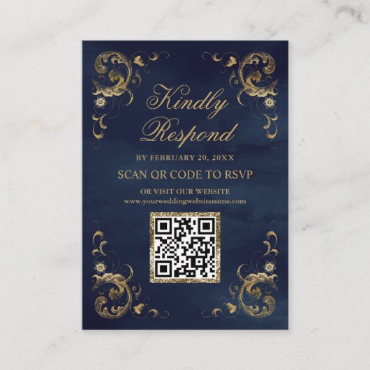 Navy Blue Gold QR Code RSVP Weddenschap Website Informatiekaartje (Voorkant)