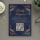 Navy Blue Gold QR Code RSVP Weddenschap Website Informatiekaartje