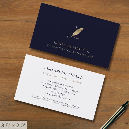 Navy Blue Gold Quill Logo Visitekaartje