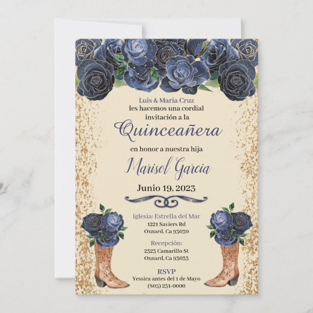 Navy Blue Gold Quinceanera Invitation Floral Blue  (Devant)