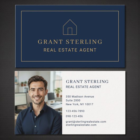Navy Blue Gold Real Estate Agent Photo Visitekaartje