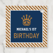 Navy Blue Gold Royal Prince Kroon Eerste Verjaarda Bedankjes Labels (Achterkant)