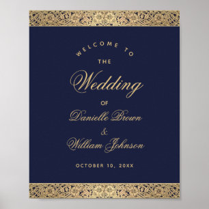 Navy Blue Gold Rozen Elegant Wedding Welcome Sign Poster