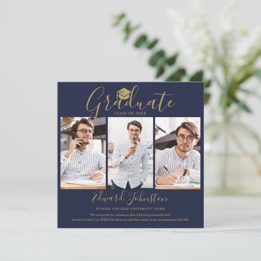 Navy Blue Gold Script Afstuderen 4 foto-Afstuderen Aankondiging (Staand voorkant)