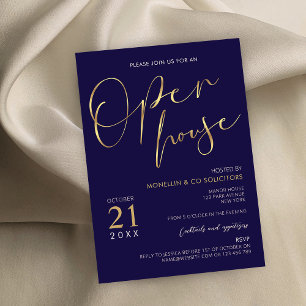 Navy Blue & Gold Script Logo Business Open House Kaart