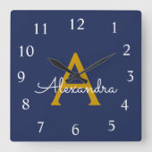 Navy Blue Gold Script Monogram Girly Name Vierkante Klok (Voorkant)