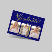 Navy Blue Gold Script Photo Collage Graduation Kaart